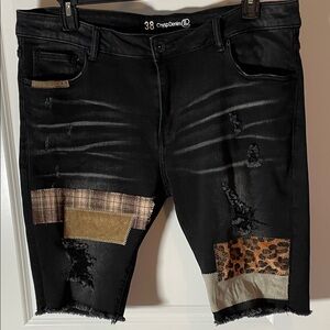 Crysp Denim Men's Black Embellished Distressed Patchwork Jean Shorts